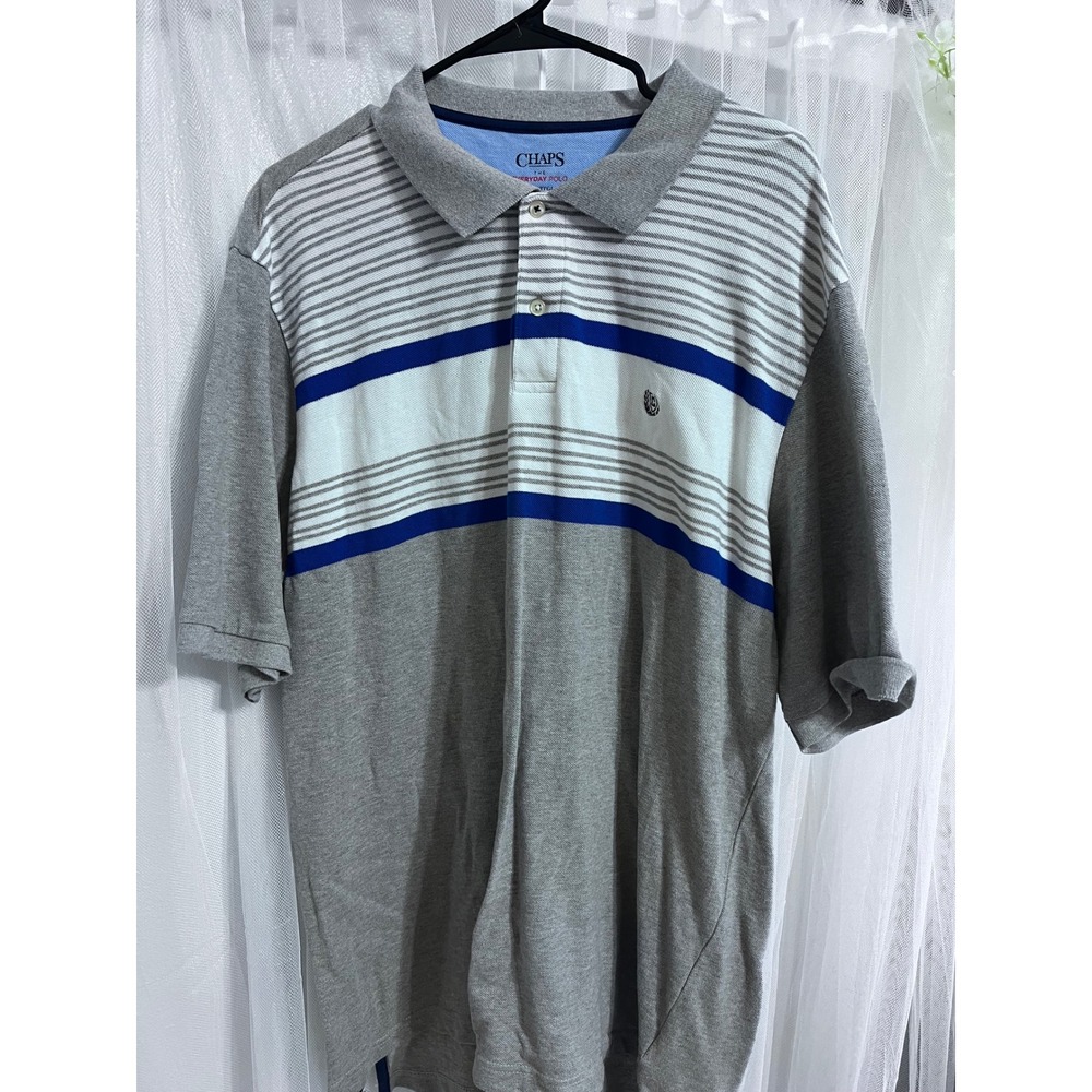 Chaps The Everyday Polo Shirt Mens 2XLT‎ Grey Blue White Stripe Short Sleeve